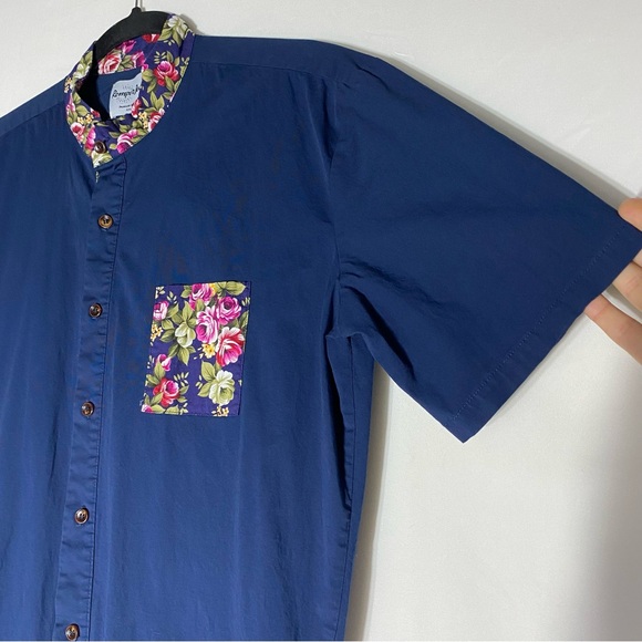 Romper Jack Navy Blue With Floral Trim Button Up Short Sleeve Jumpsuit M - Picture 9 of 14